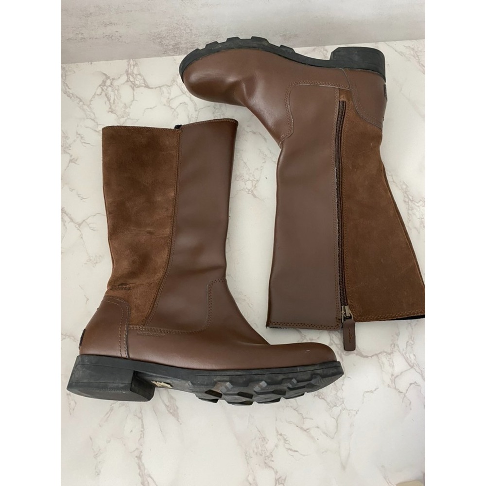 Sorel Mid Calf Slim Boots Sz 5 Brown Leather Suede Winter Heritage Lug Sole